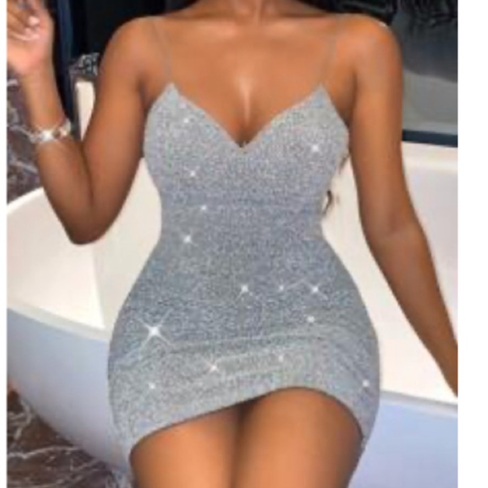 NWT, Never worn silver shiny cocktail dress. Size L